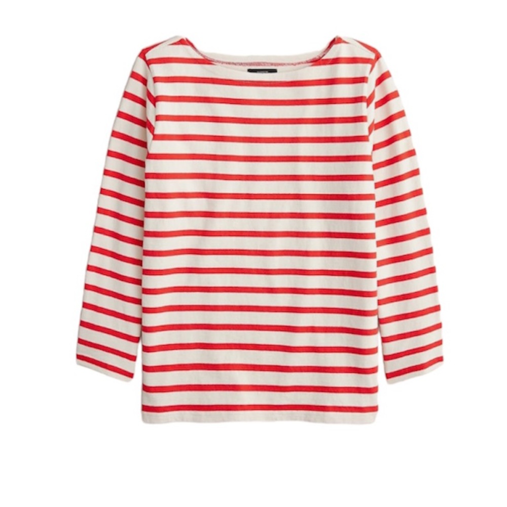 J Crew Cotton White and Orange Stripe Boatneck Mariner Top Large